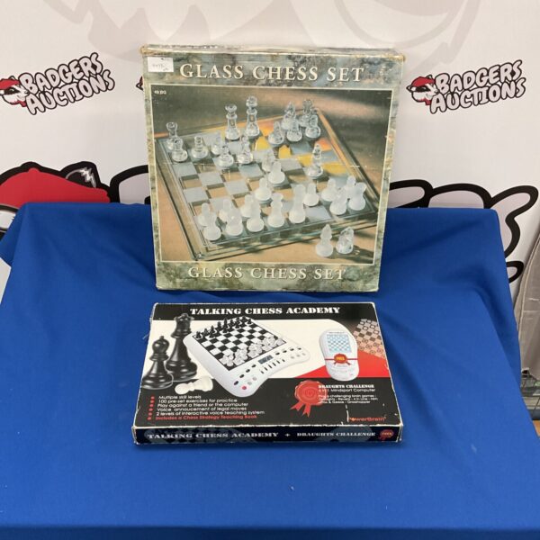 Vintage talking chess set with glass board and electronic components.