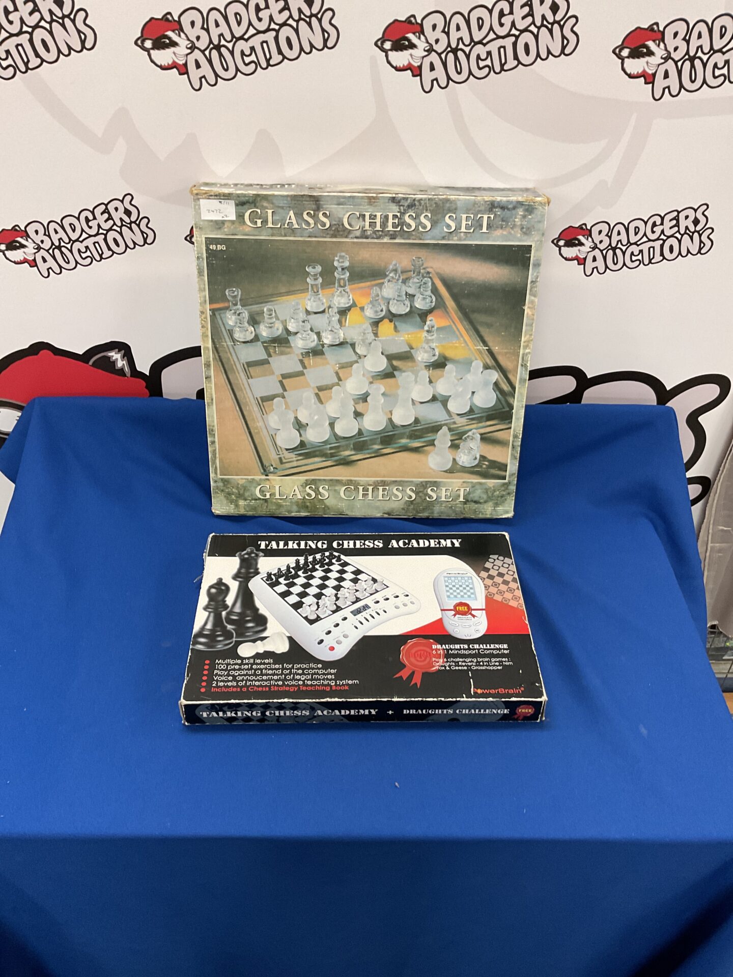 364 Glass chess set and academy talking chess set