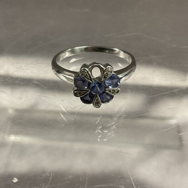 9ct white gold ring with Tanzanite and diamonds, size Q.
