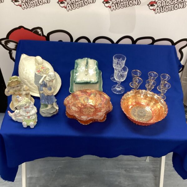 Vintage carnival glass collection lot with iridescent glassware.