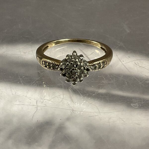 9ct gold diamond cluster ring, size N, pre-owned.