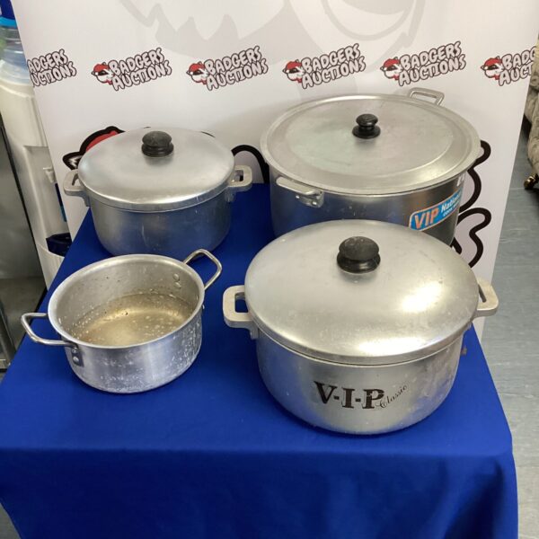 Lot of four large stainless steel catering cooking pots.