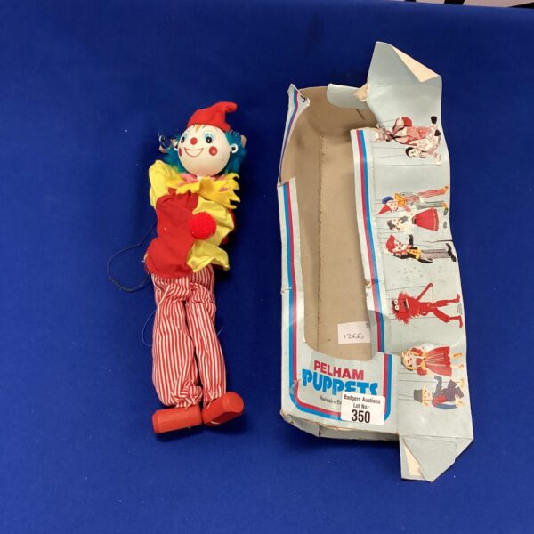 Vintage Pelham Puppet clown, colourful string puppet.