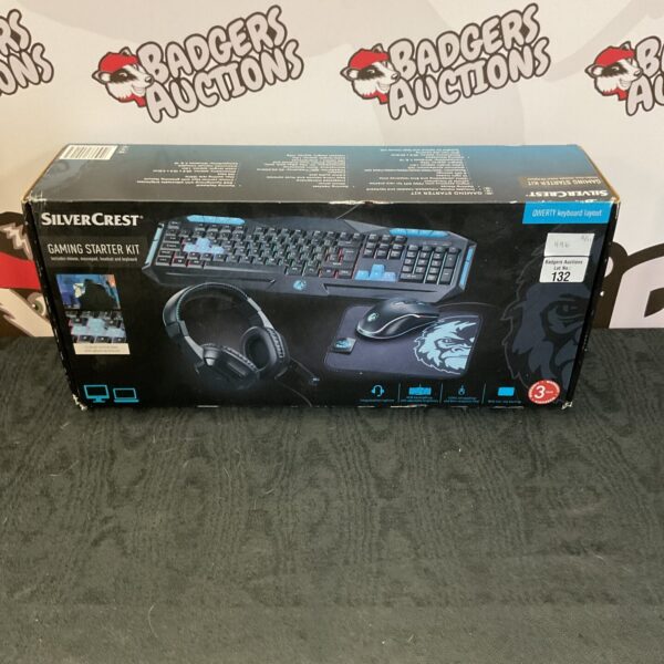 Silver Crest gaming kit featuring keyboard, mouse, and headset.
