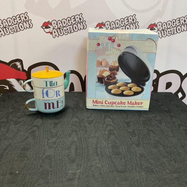 Mini cupcake maker with tea for two set, teapot and mug.