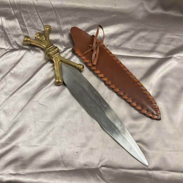 Antique Welsh Druid knife with leather sheath, Celtic design.