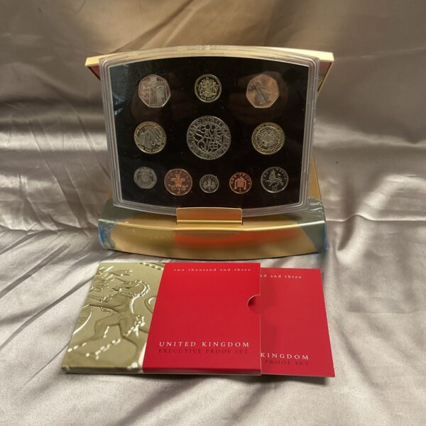 2003 Golden Jubilee UK proof coin collection in display case.