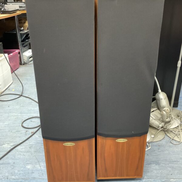 Pair of vintage Mordaunt-Short floorstanding speakers in wooden cabinets.