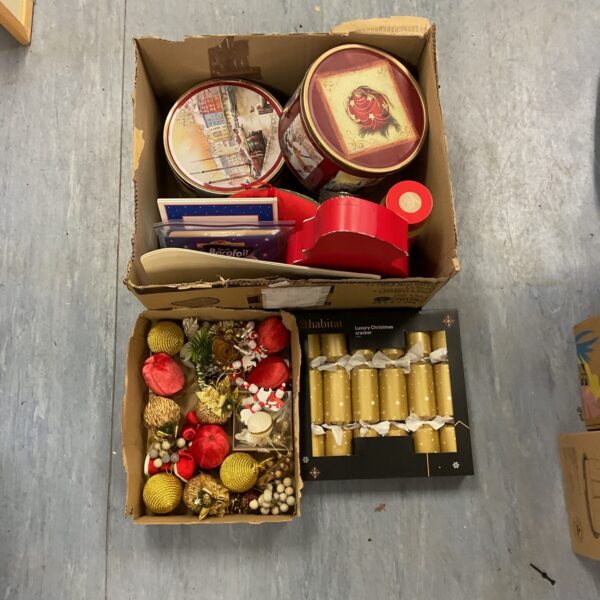 Mixed lot of Christmas decorations including baubles and tins.