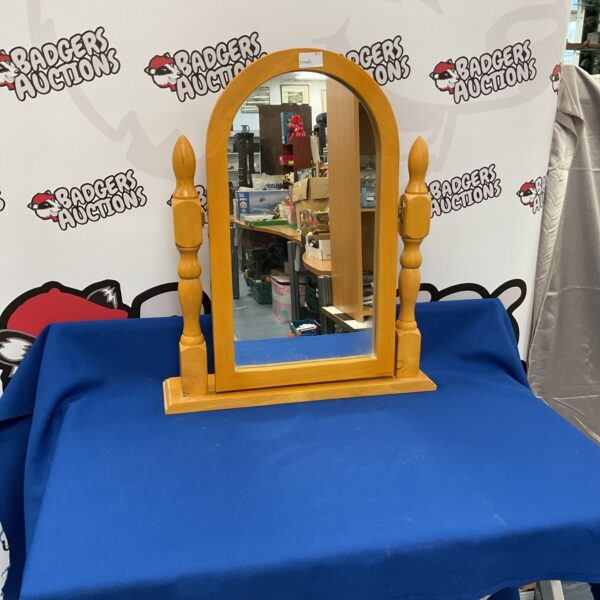 Vintage pine dressing table mirror with shaped frame.