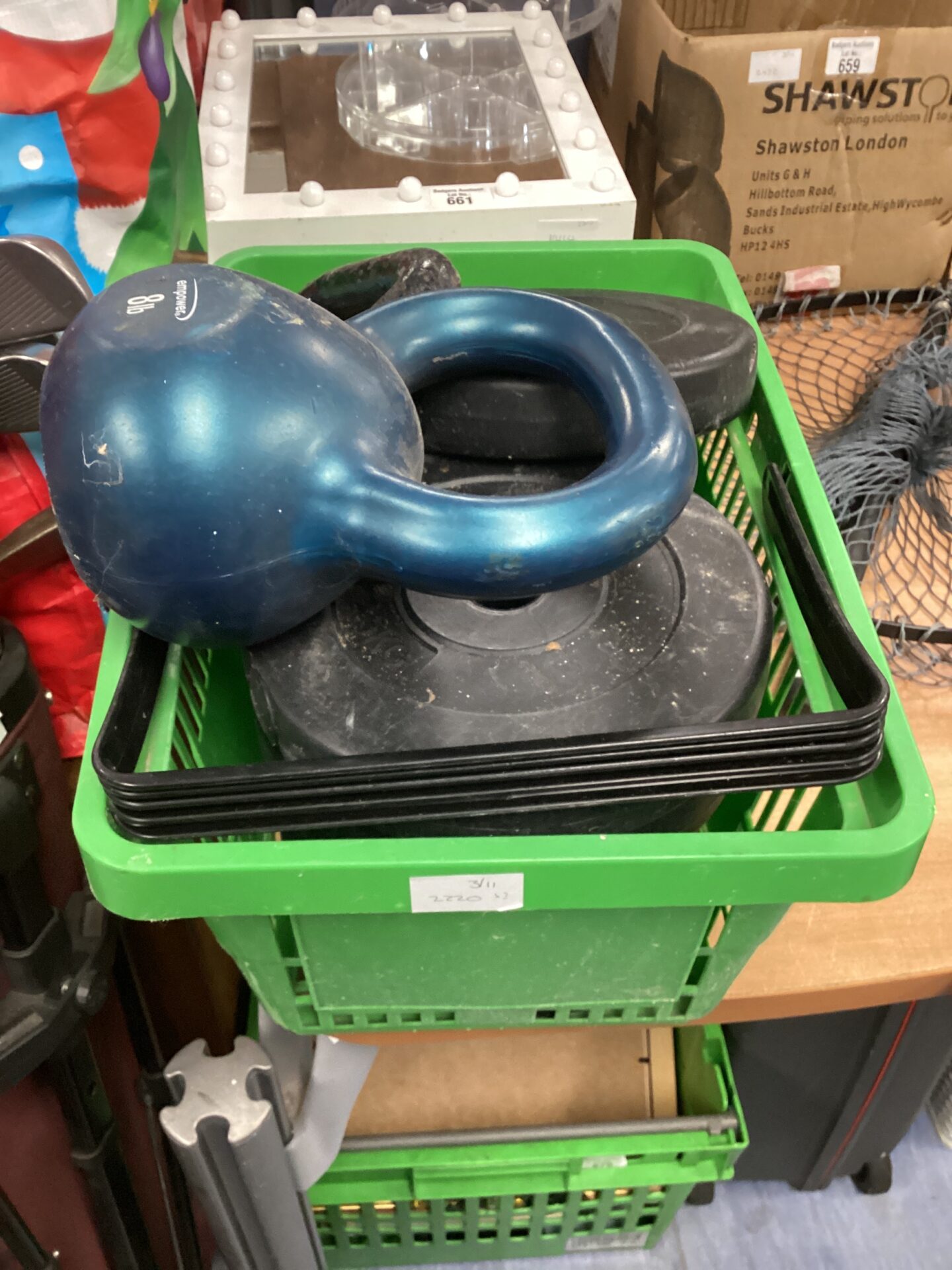 662 Basket of dumbbell weights & two kettle bell weights