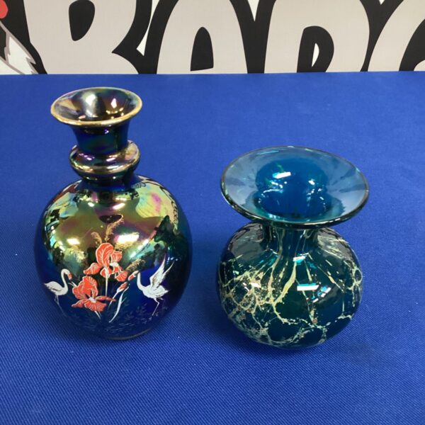 Vintage Japanese lustreware vase with blue iridescent finish.