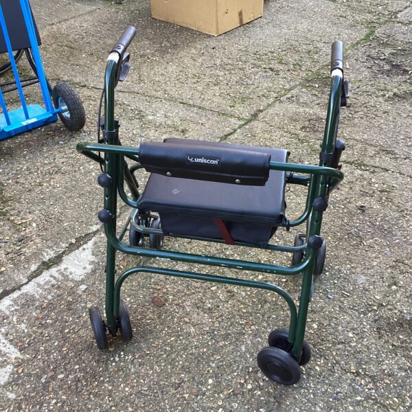 Blue Uniscan walking aid trolley with padded seat.