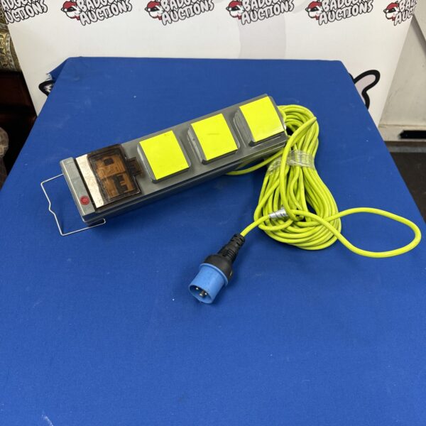 Outdoor power distribution box with three fused outlets.
