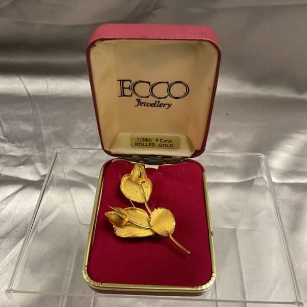 Vintage Ecco 9ct rolled gold rose brooch, delicate floral jewellery.