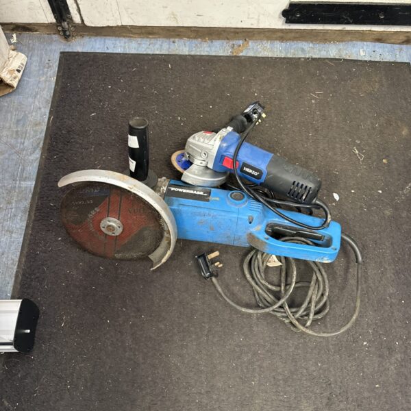 Pair of used Powerbase and Herzo angle grinders for DIY projects.