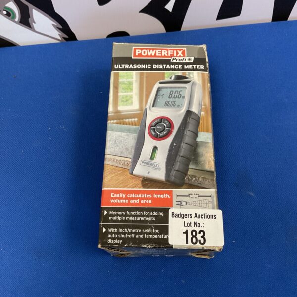 Front view of a Powerfix Pro ultrasonic distance meter with digital display.