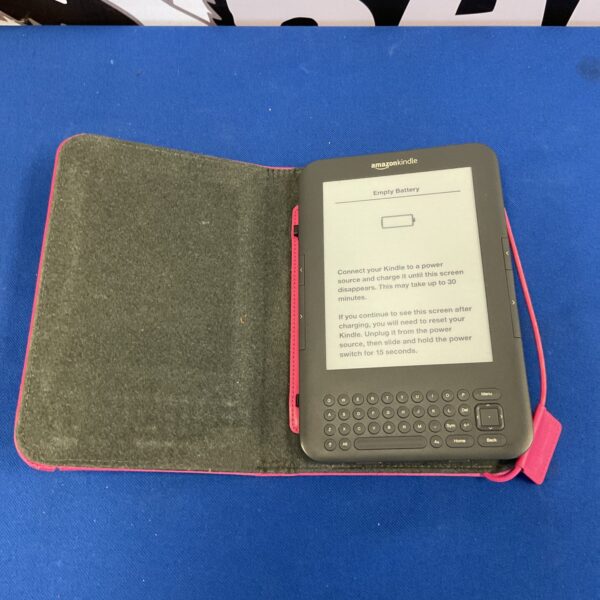 Black Amazon Kindle e-reader with protective case displayed.