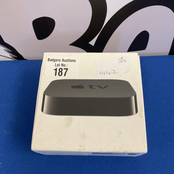 Front view of a black Apple TV A1427 streaming device.