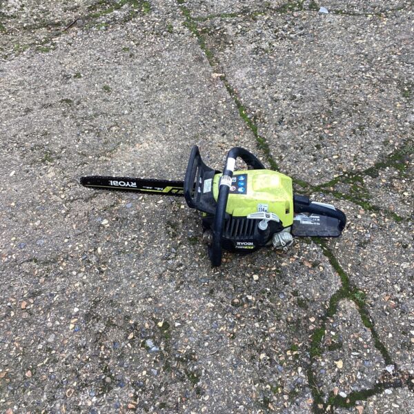 Ryobi petrol chainsaw for garden and DIY tasks.