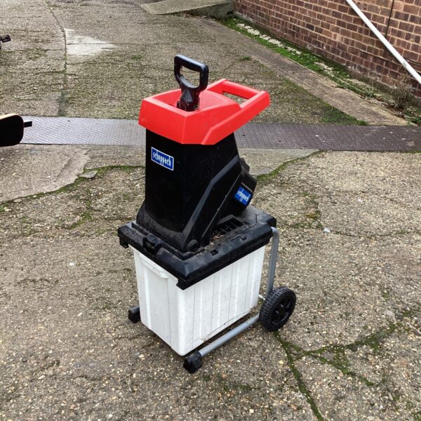 Scheppach garden shredder with collection bin, ready for garden waste.