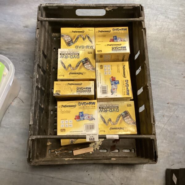 Lot of eleven boxes of DVD+RW rewritable discs for data storage.