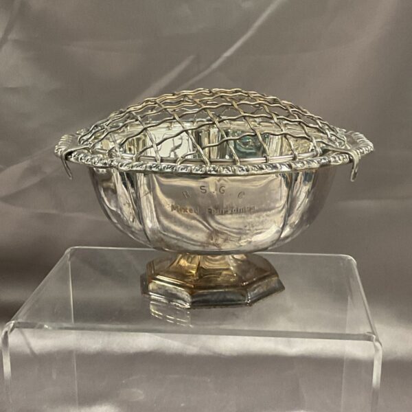 Vintage silver plate rose bowl marked “Mixed Foursomes” for floral displays.