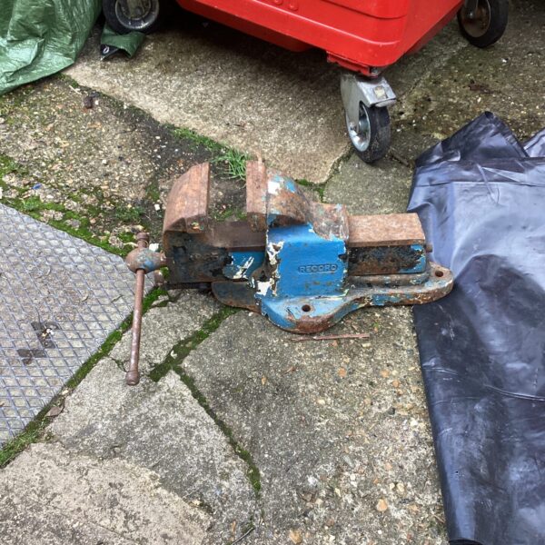 Vintage Record bench vice, a sturdy workshop tool for metalworking.