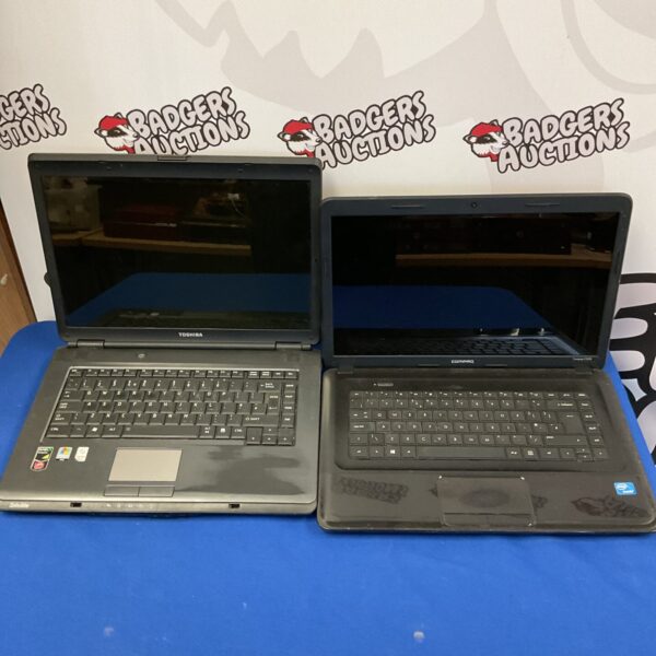 Laptop lot featuring Toshiba Satellite and Compaq CQ58 models.