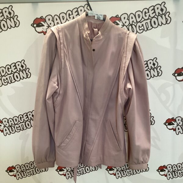 Front view of a pink leather jacket, size M.