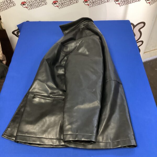 Black Emporio leather jacket size L, stylish designer outerwear.