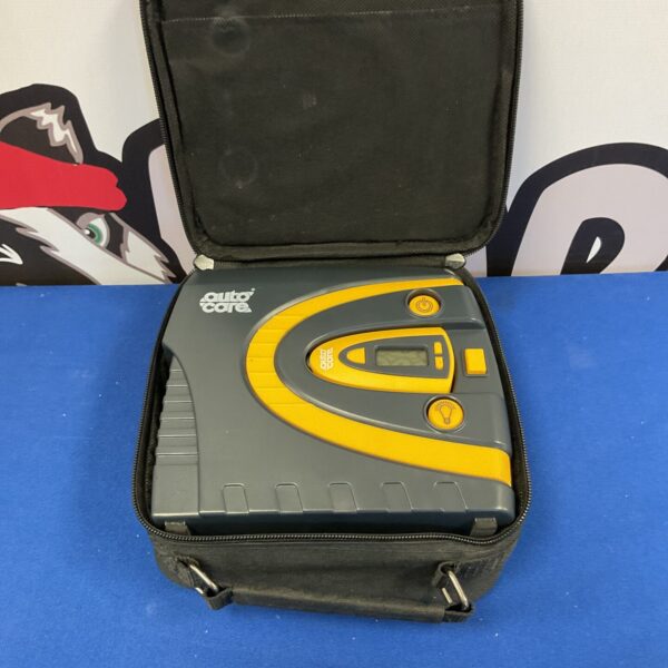 Autocare portable tyre inflator with digital gauge displayed.