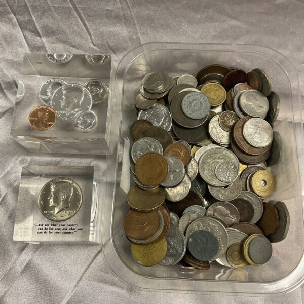 Assorted coin lot with Perspex display cubes for collectors.
