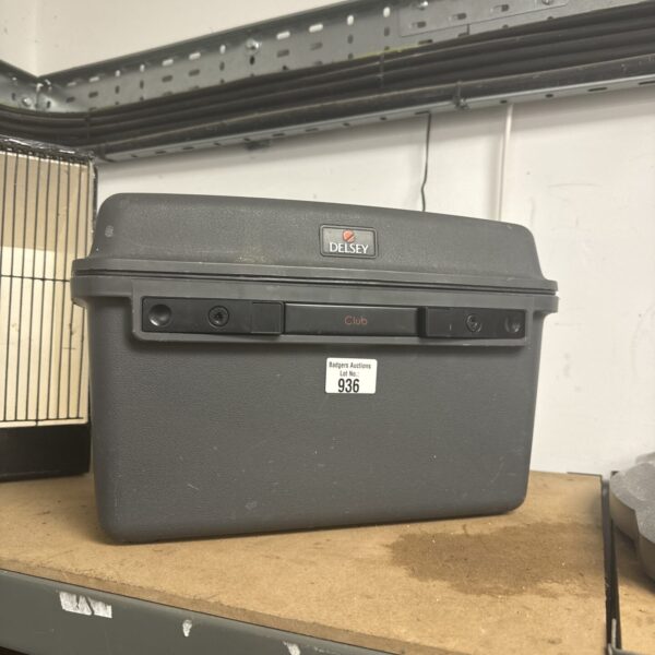 Front view of a grey Delsey Club vanity box.