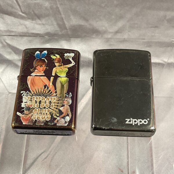Vintage Zippo lighter with engraved Playboy Club bunny girl design.