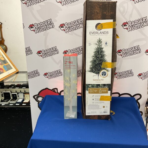 Everlands Geneva Fir Christmas tree and glitter twig tree in packaging.