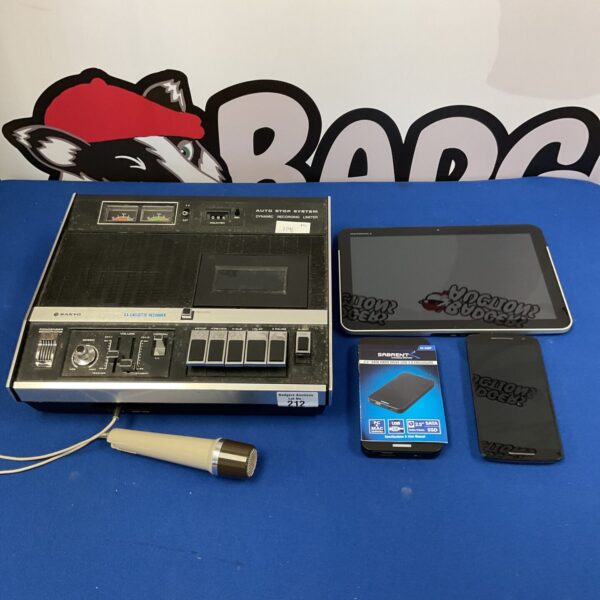 Vintage Sanyo LL cassette recorder with Motorola tablet and Sata enclosure.