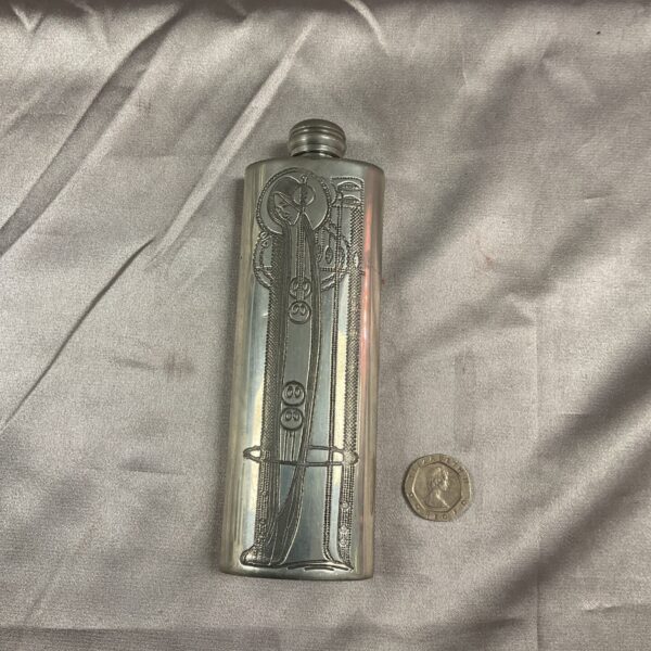 Art Nouveau pewter flask by Charles Rennie Mackintosh, detailed design.