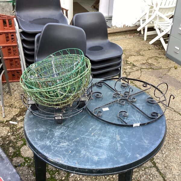 Wire frame garden hanging baskets for outdoor plants.