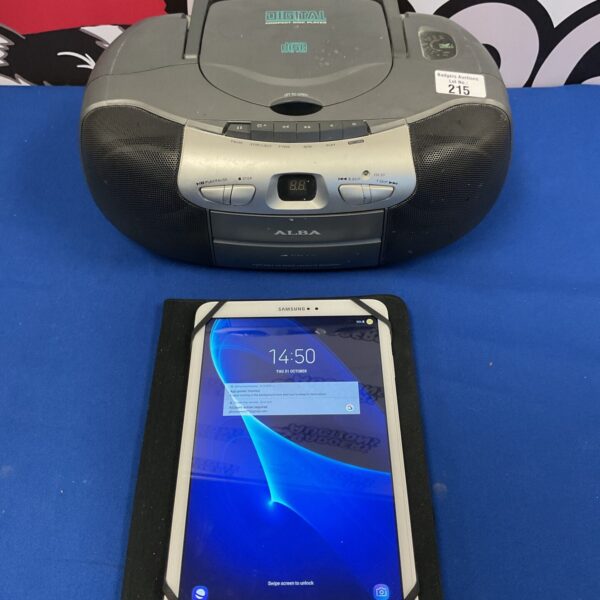 Samsung Galaxy tablet with Alba portable CD player displayed.