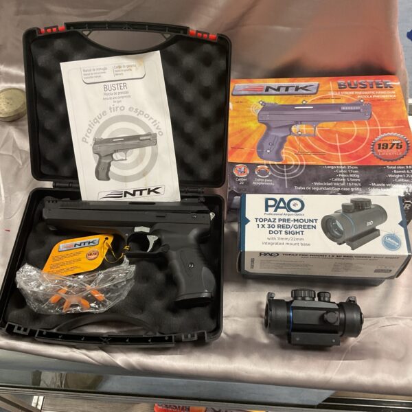 NTK Buster .22 air pistol with PAO red green dot sight for target practice.