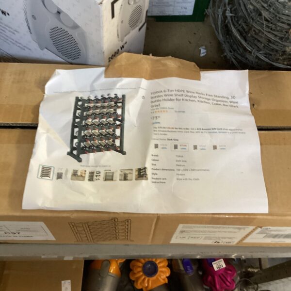 Unopened dark grey 30-bottle wine rack in original packaging.