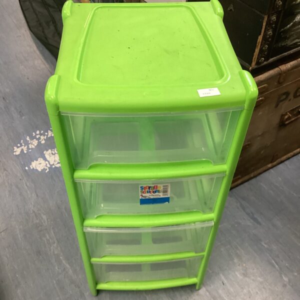 Bright green plastic storage drawers for home organisation.