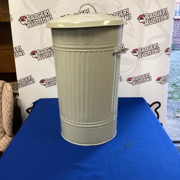 Grey metal bin with lid, vintage storage container.