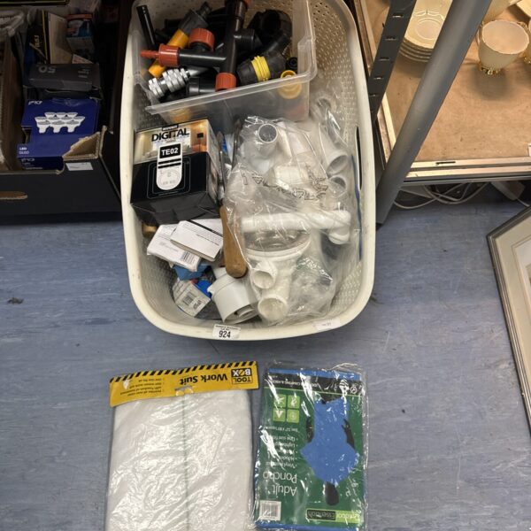 Assorted hardware and work overalls in a mixed lot.