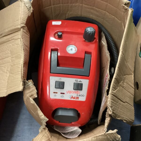 Red Vaporello steam cleaner in a cardboard box.