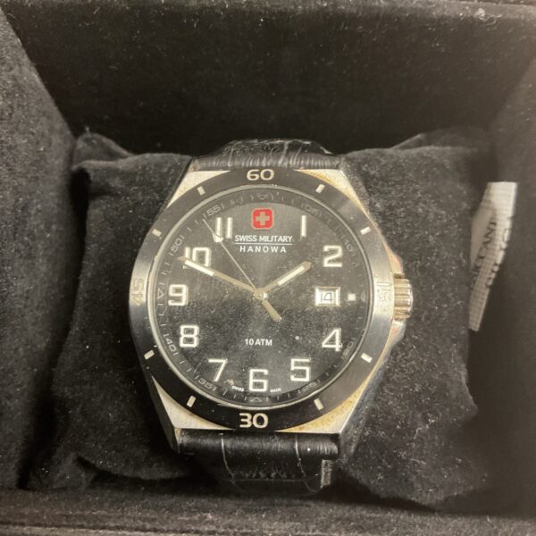 Front view of Hanowa Swiss Military watch with black dial.