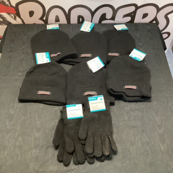 New knitted beanie hats and gloves set for winter warmth.