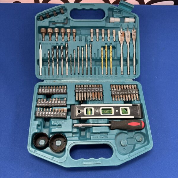 Open drill bit set case with various bits inside.