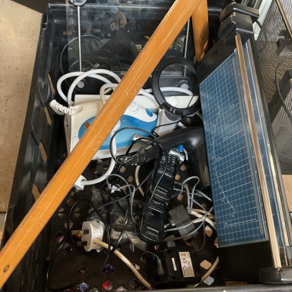 Mixed lot of vintage electronics and household items.